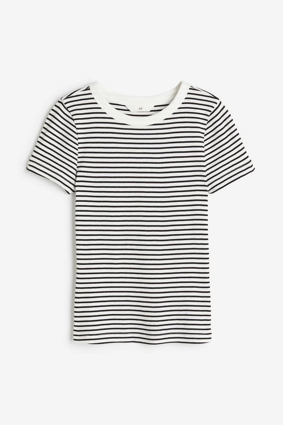 Ribbed modal-blend T-shirt - White/Black striped - Ladies | H&M GB