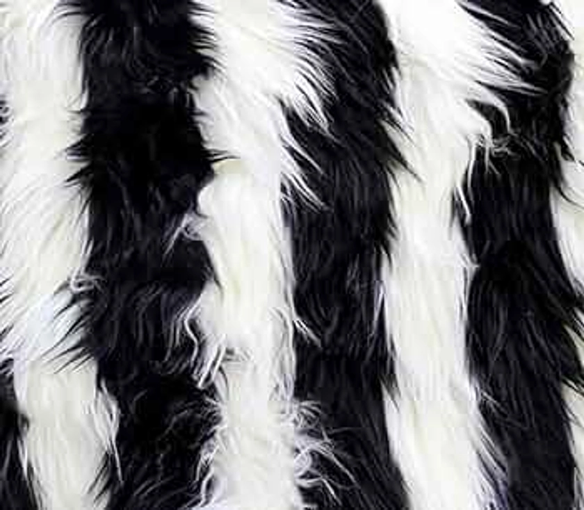 Faux Fake Fur Fabric Long Pile 2 Tone Shaggy Stripe Black White / 60" Wide/Sold by The Yard