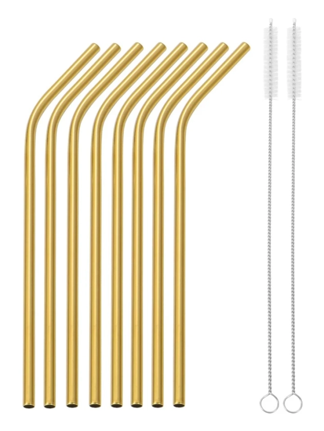 8pcs Stainless Steel Straw & 2pcs Cleaning Brush, Gold Reusable Bent Straw For Drinking