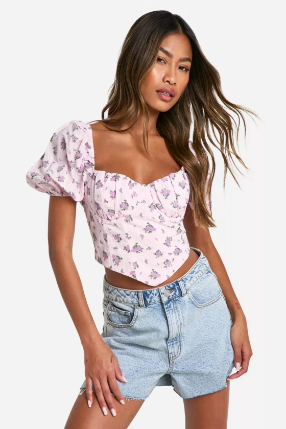 Blurred Floral Puff Sleeve Corset