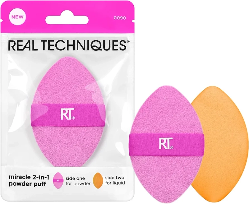 Real Techniques Miracle 2-In-1 Powder Puff, Dual-Sided, Full-Size Makeup Blending Puff, Reversible Elastic Band, Precision Tip Makeup Sponge and Powder Puff, For Liquid, Cream and Powder, 1 Count