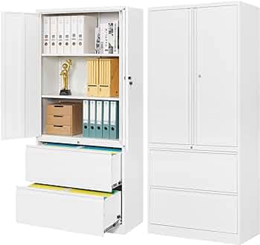 2 Drawer Lateral File Cabinet, Metal Storage Cabinet with Drawers, Locking File Cabinet with Storage Shelves, Metal Storage Cabinets for Letter/Legal/F4/A4 Size Files