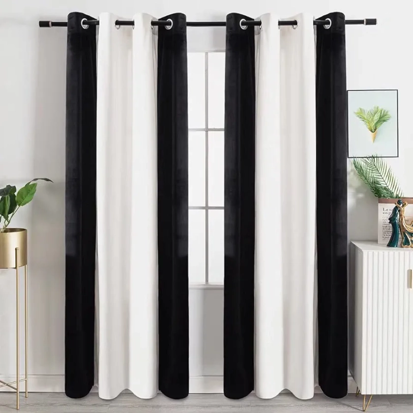 Victree Color Block Velvet Curtains for Bedroom, Patchwork Blackout Curtains 52 x 84 inch Length - Room Darkening Sun Light Blocking Grommet Window Drapes for Living Room, 2 Panels, Black and White
