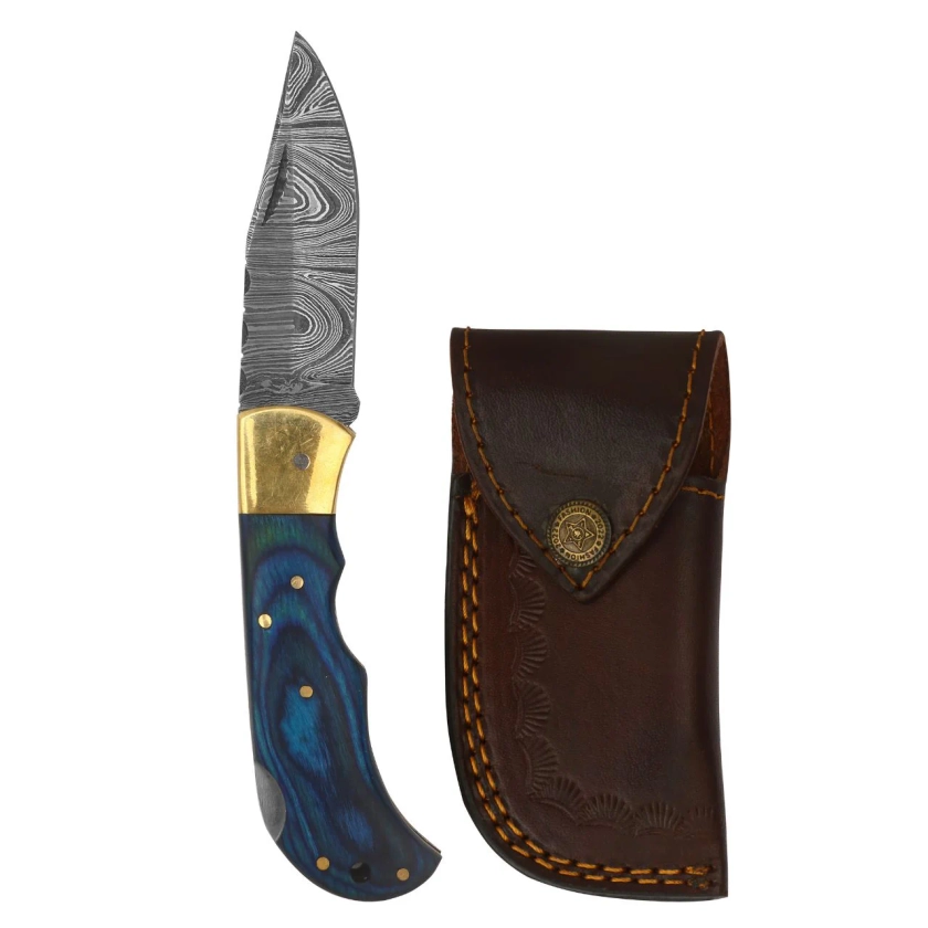 Elegant 7.5-Inch Damascus Steel Blade Pocket Knife with Brass Bolster 
