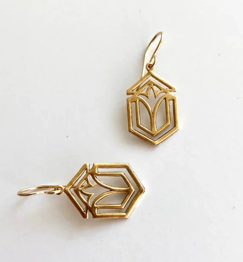 Frank Lloyd Wright gold architecture earrings, Art deco gold earrings, art deco earrings, handmade Geometric dangles, vintage architect gift