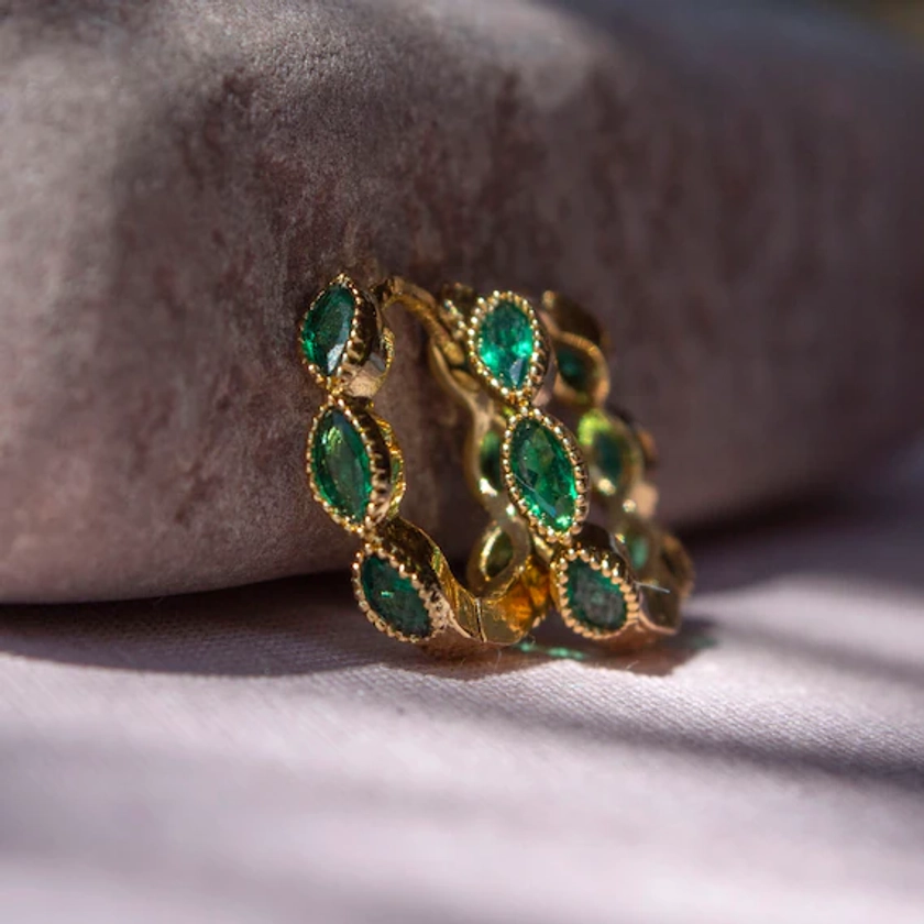 Saffie Green CZ Hoop Earrings in Golden, Gold Plated Huggie Hoop Earrings Green, Cubic Zirconia