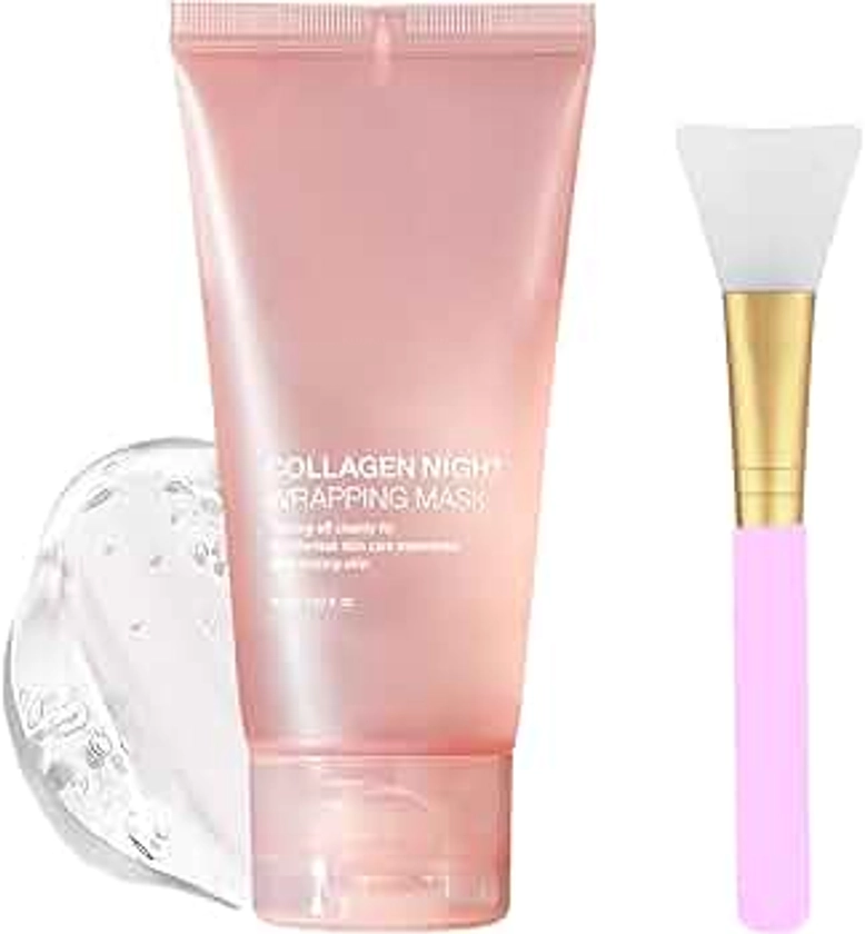 CHOVEMOAR Collagen Night Wrapping Mask, Overnight Peel Off Hydrolyzed Collagen Facial Mask for Elasticity & Hydration, Tight Skin, Reduce Sagging & Dullness, 2.53 fl.oz(Brush Included)