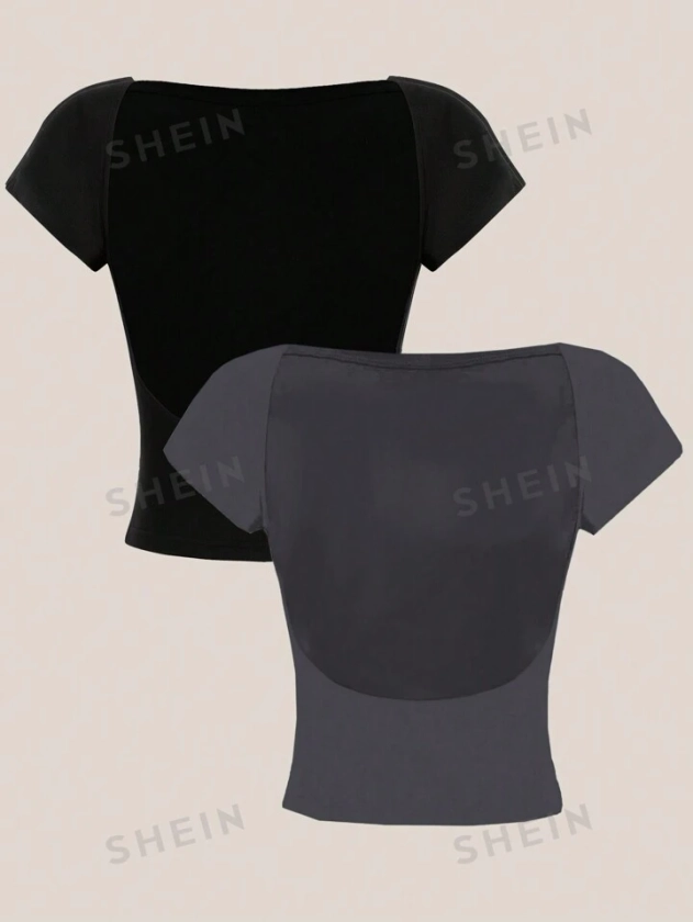 SHEIN EZwear 2pcs Casual Round Neck Short Sleeve Slim Fit Crop Tops With Backless Design For Women, Summer | SHEIN USA