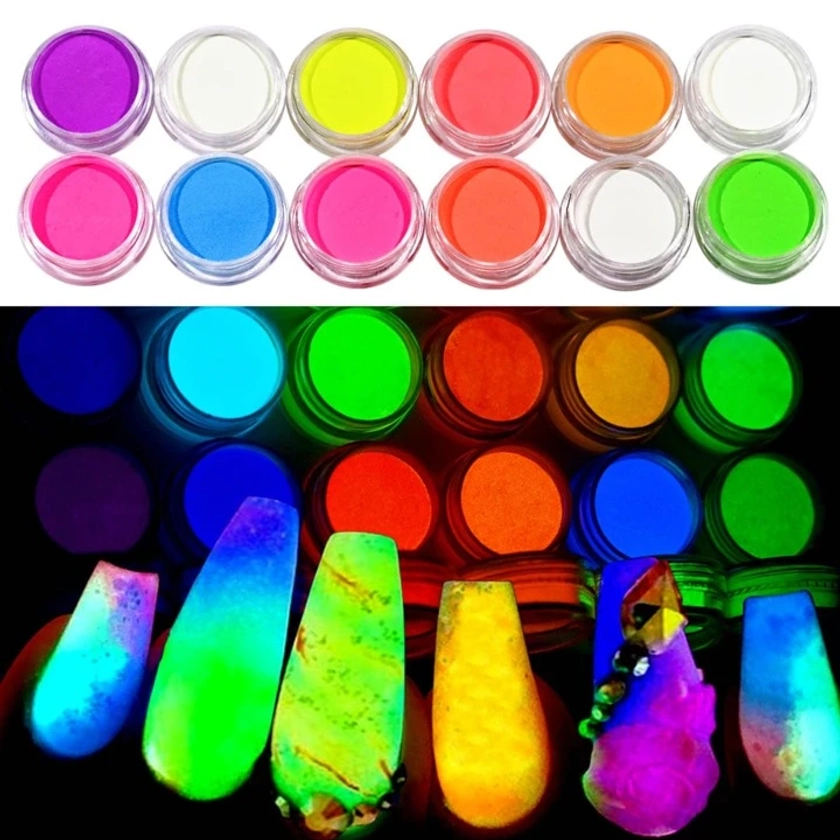 Black Friday Longest Lasting GLOW In The DARK Pigment 12 Colors A Set Y2K Acrylic Luminous Fluorescent Powder Glow In The Dark Nail Art Pigment Fluorescent Powder Manicure DIY Nail Art Decorations Nail Charms Nail Gems Nail Supplies | SHEIN USA