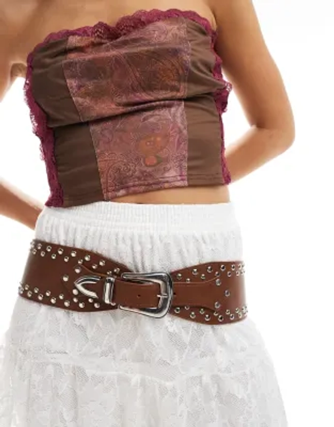 Stradivarius large studded western belt in brown | ASOS