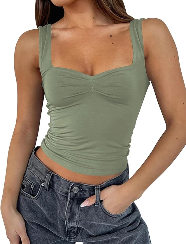 Lauweion Women Sleeveless Y2K Skinny Crop Tank Tops Strappy Ruched Sweetheart Neck Backless Pleated Top at Amazon Women’s Clothing store