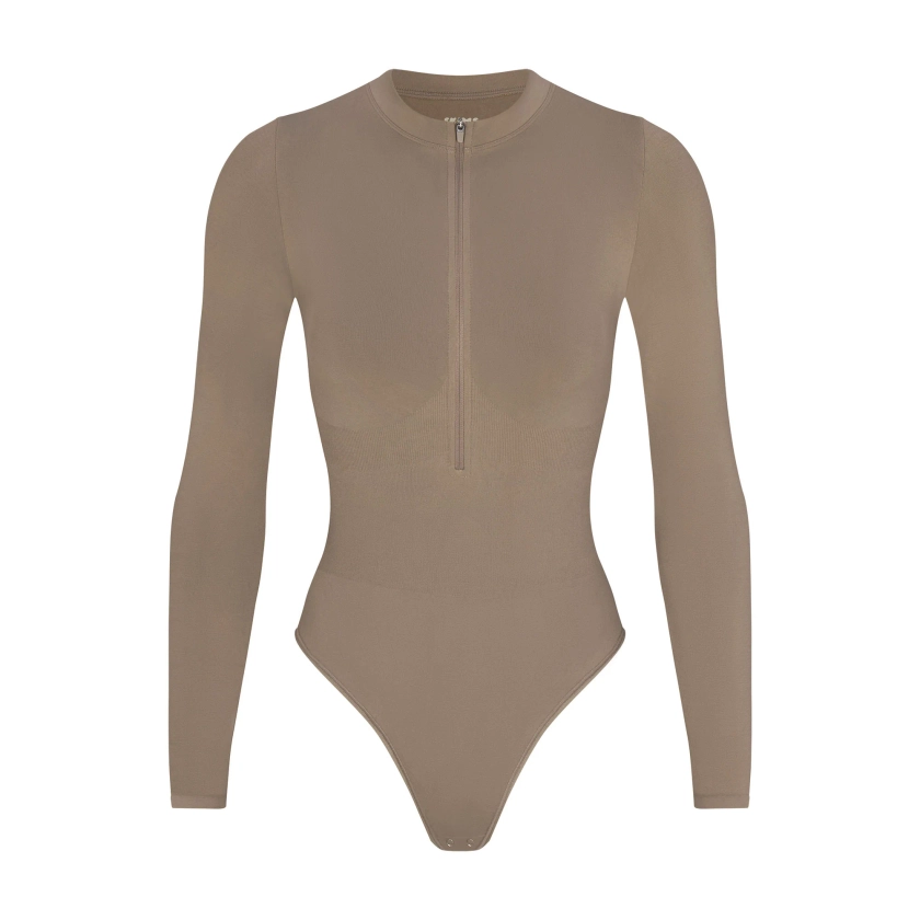 CONTOUR NYLON ZIP FRONT LONG SLEEVE BODYSUIT | TRUFFLE