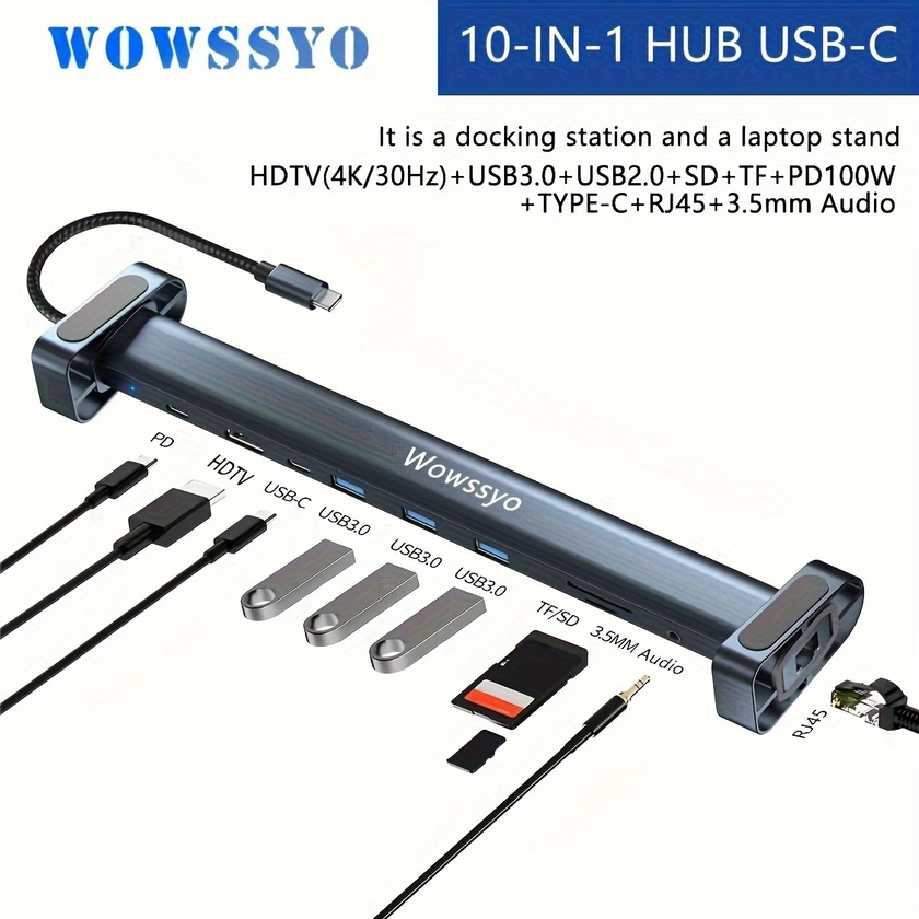 De Wowssyo USB C Docking Station, 10 In 1 Triple Display * Met 4KHDTV+PD 100W+RJ45 Ethernet +SD/TF +Audio+ USB 3.0, Voor MacBook & Windows