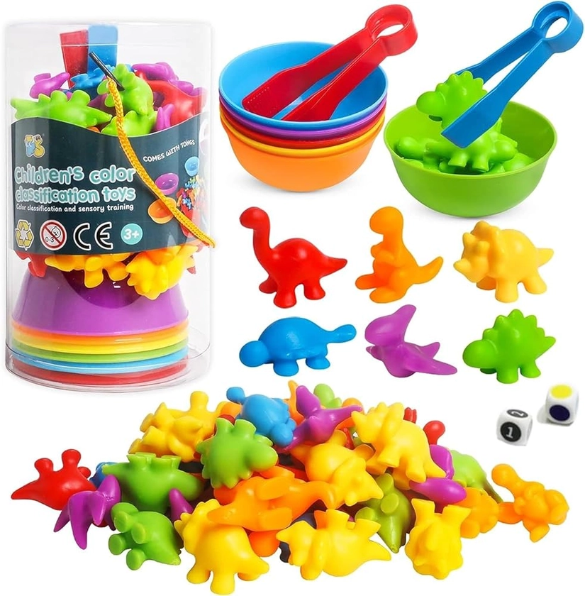 LATERN 58Pcs Counting Dinosaur Toys Set, 6 Color 48Pcs Sorting and Counting Dinosaurs with 6 Color Matching Sorting Cups, 2Pcs Dices and 2Pcs Tweezers - for Kids Game Montessori Sensory Educational