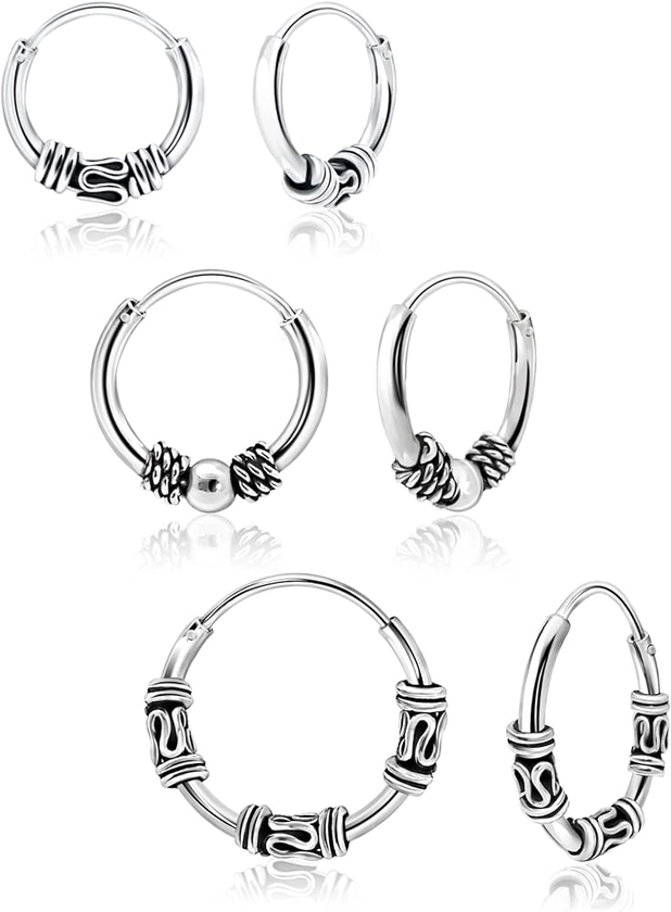 Hoops & Loops 925 Sterling Silver Set of 3 Pairs 10mm, 12mm & 14mm Bali and Bali Bead Endless Hoop Earrings for Women Teen Girls Men | Silver, Yellow & Rose Gold