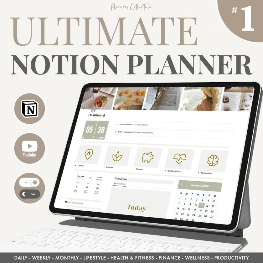 The Ultimate Notion Planner, Notion Template, Notion Planner, Notion Life Planner, Aesthetic Notion Planner, Light and Dark Themes