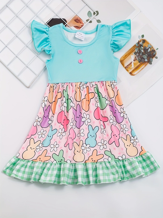 Girls Splicing Bunny & Flower Graphic Flutter Trim Sleeveless Dress Summer Clothes Easter