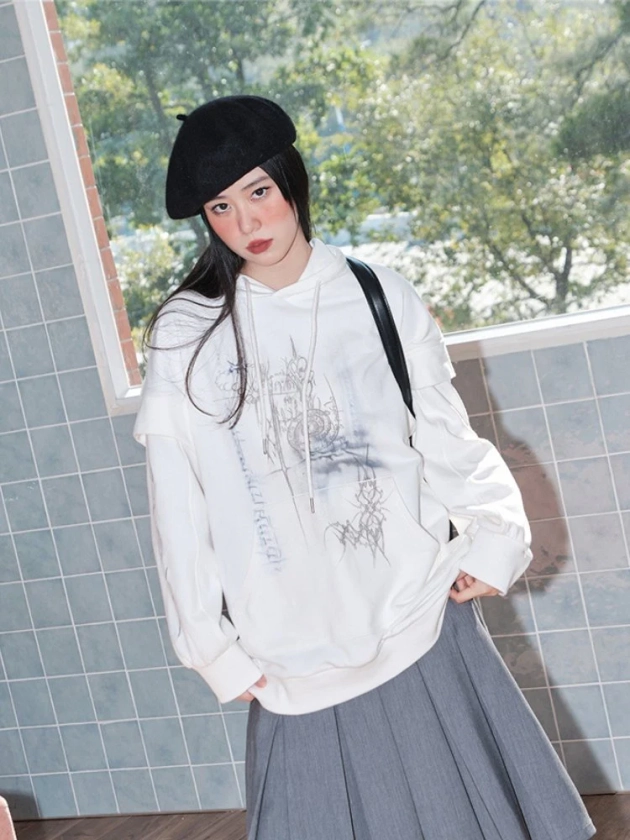 Hooded structure design white sweater【s0000000876】