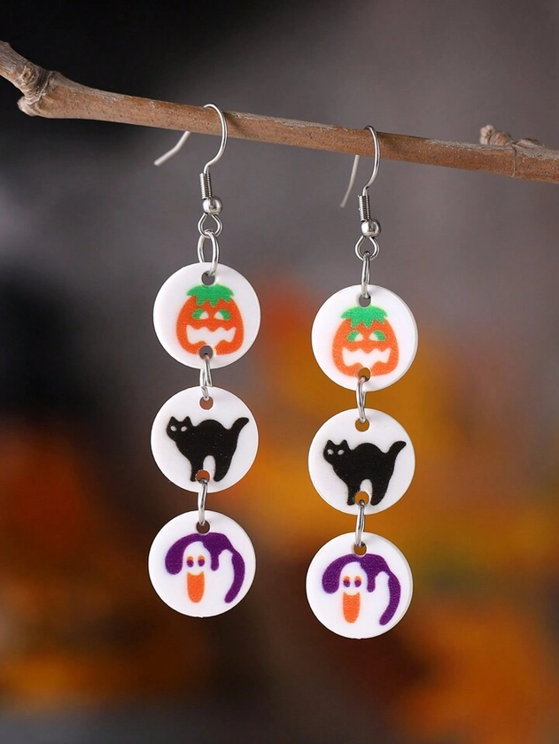 1pair Vintage Halloween Ghost Pumpkin Black Cat Tassel Acrylic Pendant Earrings For Women