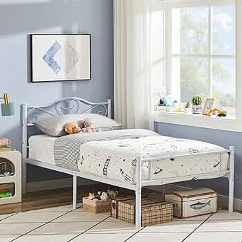 VECELO 14 Inch Twin Size Metal Platform Bed Frame with Headboard and Footboard, Heavy Duty Mattress Foundation with Steel Slats Support, No Box Spring Needed, White