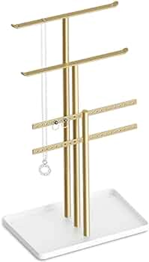 Jewelry Stand Holder Organizer: 14.5" Sturdy Jewelry Hanger for Necklace, Earring, Bracelet, Gold and White