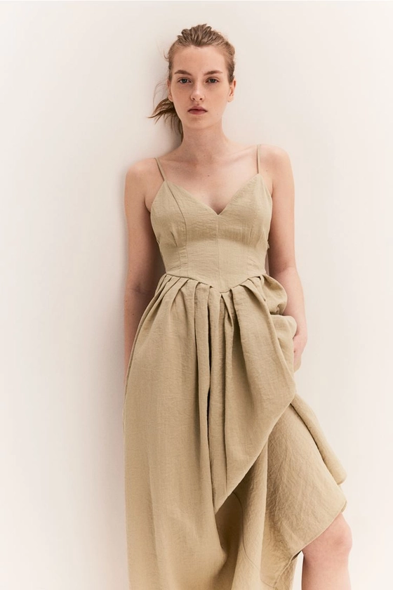 Crinkled Dress with Pleated Skirt - Beige - Ladies | H&M US