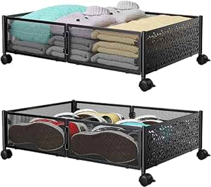 Under Bed Storage, Under the Bed Storage Containers with Wheels, Under Bed Shoe Storage Organizer Drawer, Tool-free Assembly Metal Underbed Storage Containers for Bedroom Clothes Shoes Blankets -2Pack