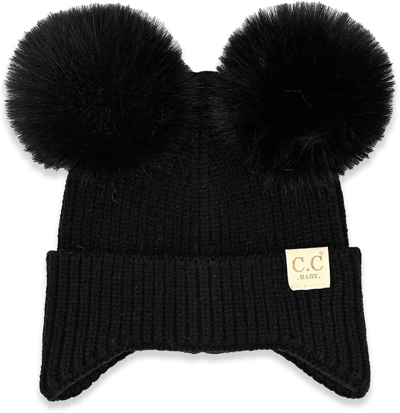 C.C Baby Double Fur Pom Pom Beanie with Ear Flap for Boys Girls - Comfortable Soft Warm Infant Toddler Baby Knit Skully Hat