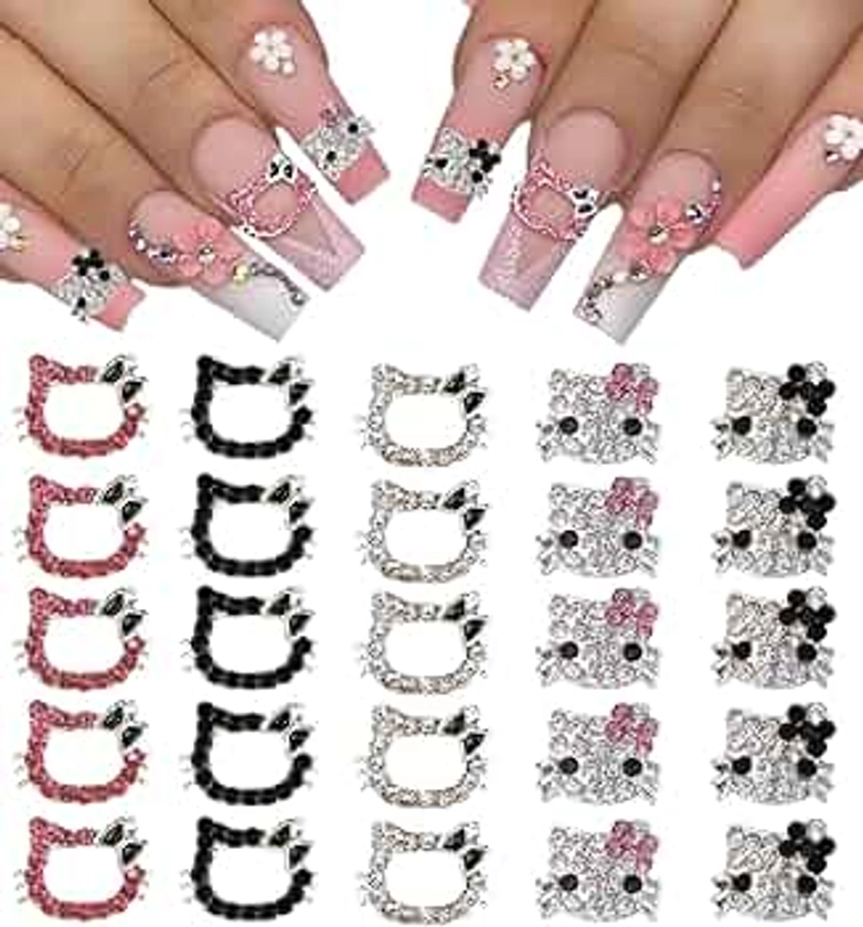 Kitty Nail Charms 25Pcs Kawaii Nail Charms for Acrylic Nails Y2K 3D Nail Rhinestones Gems Silver Diamond Nail Jewelry DIY Nail Art Decoration Supplies for Girls and Women