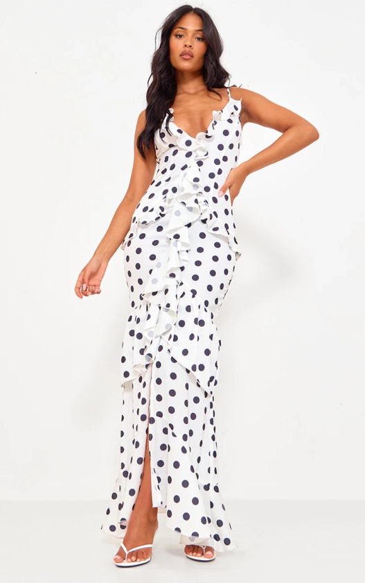 Tall White Polkadot Textured Frill Maxi Dress