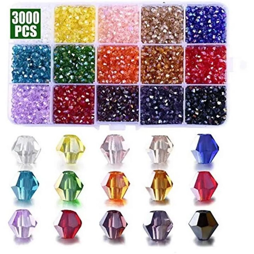 15 Colors- AB Colorful 3000pcs 4mm Faceted Bicone Crystal Glass Beads-for Jewelry Making, Perfect For Suncatcher Handmade Crafts, DIY Bracelets, Necklaces, Dolls,Suitable for daily use