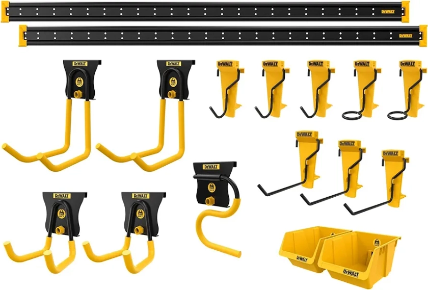 DEWALT Tool Organizer, 21 Piece Accessory Starter Kit, Includes 2 Metal Rails, 13 Hooks, and 2 Plastic Bins, DEWALT Workshop Storage System Compatible (DWST82801)