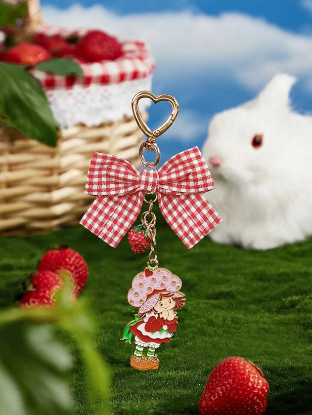Strawberry Shortcake X SHEIN Cartoon Character & Strawberry Gingham Bow Decor Keychain Bag Charm
