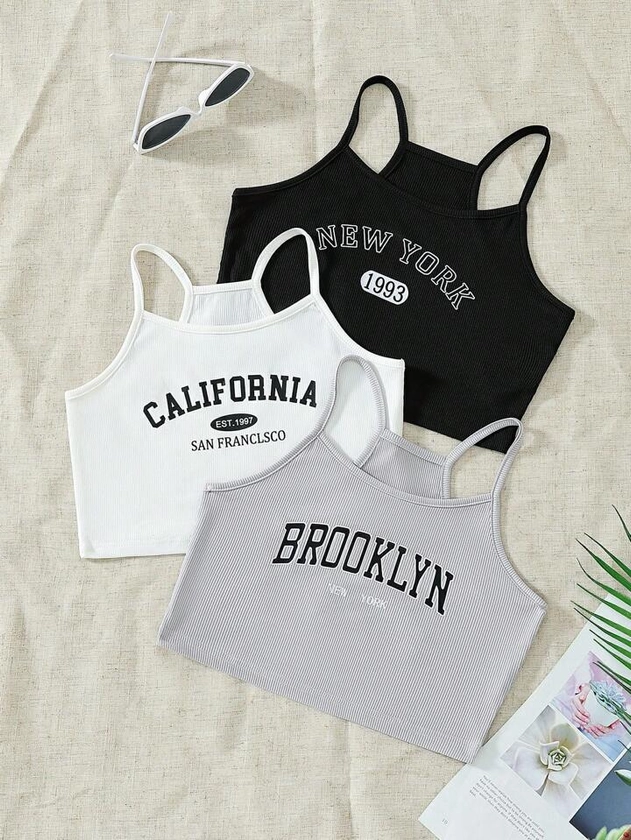 SHEIN Teenage Girls" 3pcs/Set Knitted Camisole Tops In Small Stripes And Text Print For Spring/Summer