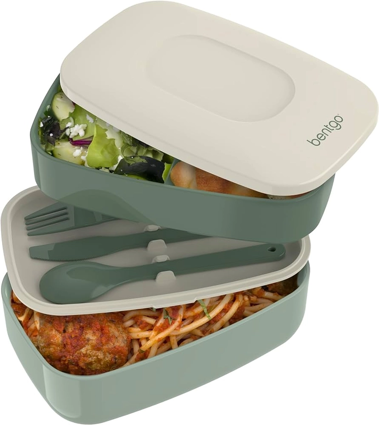 Bentgo® Classic - Adult Bento Box, All-in-One Stackable Lunch Box Container with 3 Compartments, Plastic Utensils, and Nylon Sealing Strap, BPA Free Food Container (Khaki Green)
