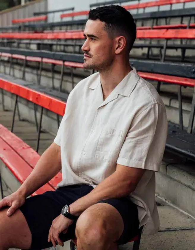 Linen Blend Short Sleeve Shirt in Oat | Hallensteins AU