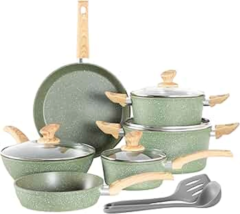 Kitchen Academy Induction Cookware Sets - 12 Piece Green Cooking Pan Set, Granite Nonstick Pots and Pans Set