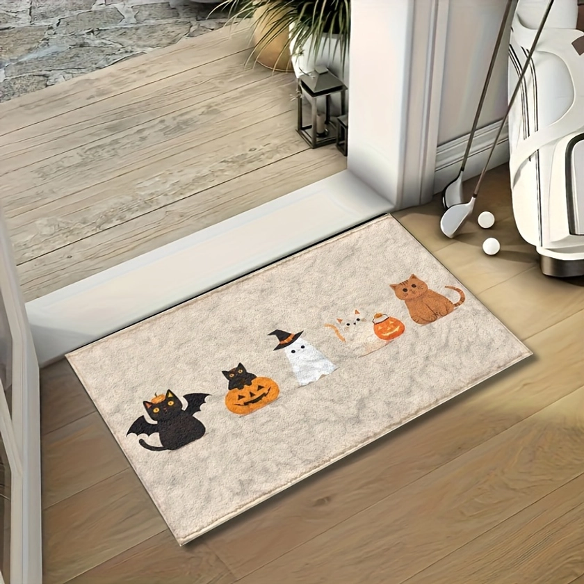 Tapis de bain d&#39;Halloween antidérapant, en microfibre ultra douce lavable en machine, à séchage rapide et absorbant, motif fantôme et chat, tapis de bain rectangulaire en tissu tricoté pour la décoration de la cuisine et de la salle de douche, 1 pièce