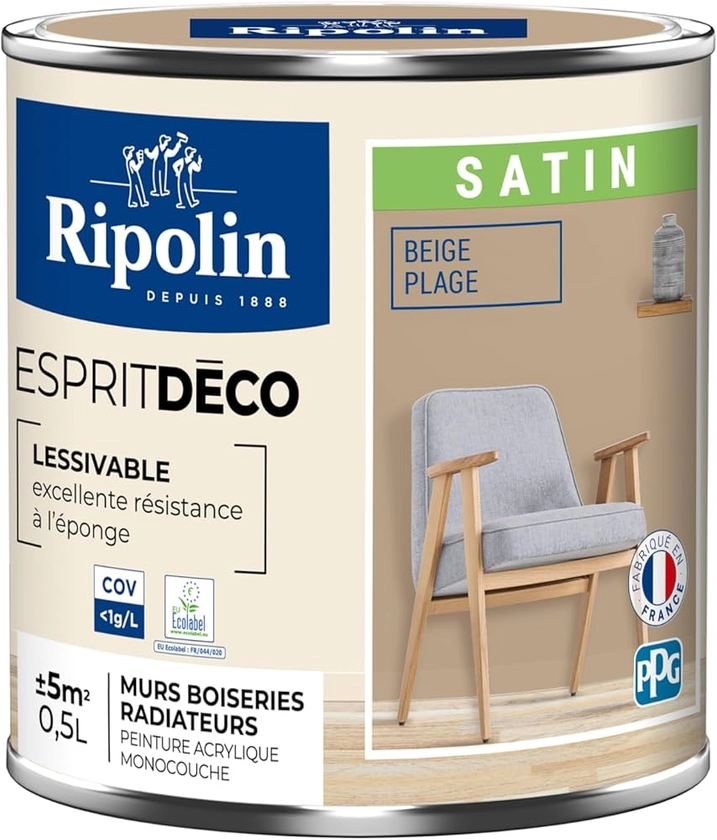 Ripolin - Peinture Intérieure Multi-Supports – Murs, Boiseries & Radiateurs – Ultra Couvrante – Lessivable – Application Facile – Ecolabel - Satin - 0,5L - Beige Plage