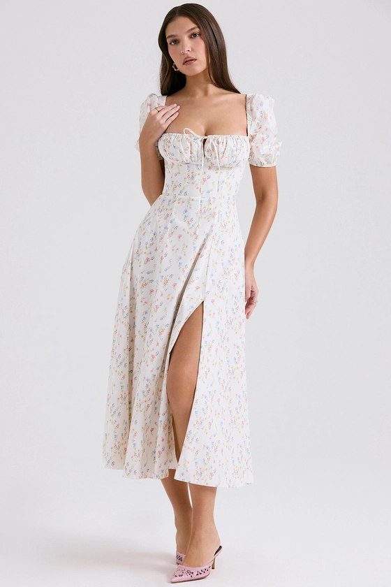 Clothing : Midi Dresses : 'Tallulah' White Posy Print Cotton Puff Sleeve Midi Sundress