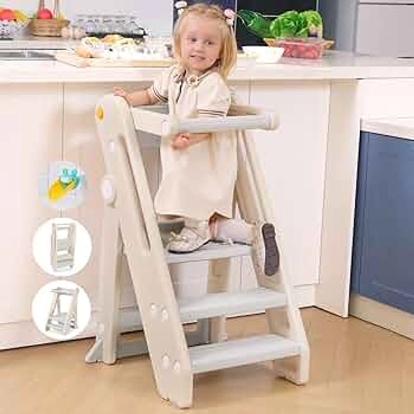 Onasti Toddler Tower Kitchen Stool Helper - Foldable & Adjustable Height Kids Learning Stool for Kitchen Counter Bathroom Sink Child Ladder for Toddlers with Handles, Safty Rail, Non-Slip-Beige White