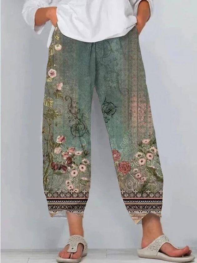 Green Casual Floral Printed Daily Pants