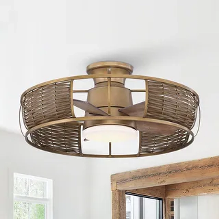 27-in Antique Brass Farmhouse Rattan Caged Fandelier Hugger LED Ceiling Fan - Bed Bath & Beyond - 40271481