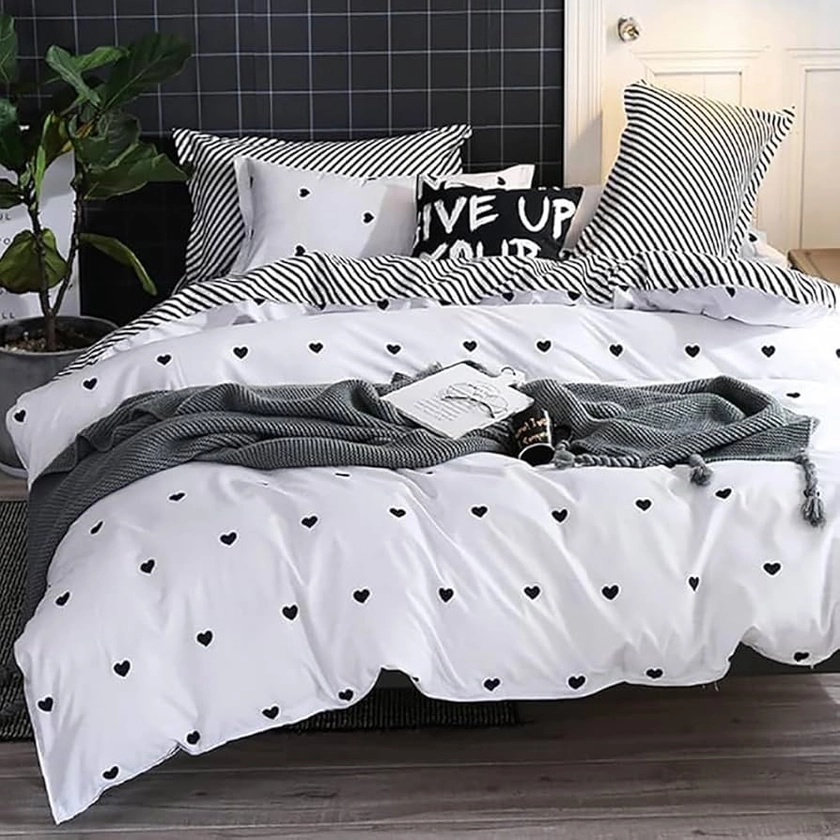 Michorinee Housse de Couette Cœur 220x240 Blanche avec 2 Taies d'oreiller 65x65 cm Parure de Lit Noir et Blanc en Microfibre - Linge de Lit 2 Personnes Adulte Réversible avec Fermeture Éclair