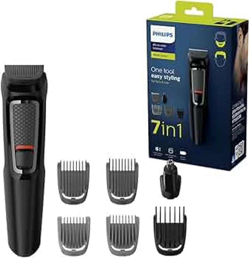 Philips 7-in-1 All-In-One Trimmer, Series 3000 Grooming Kit for Beard & Hair with 7 Attachments, Including Nose Trimmer, Self-Sharpening Blades, UK 3-Pin Plug-MG3720/33