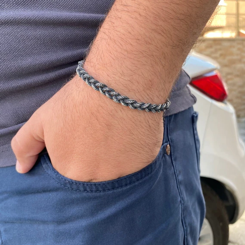 Pulsera de torsión de espiga de plata de ley hecha a mano, pulsera de tejido, pulsera trenzada a mano, regalo del abuelo, regalo del día del padre, para papá, regalos