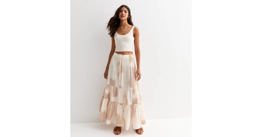 Off White Smudge Print Tiered Midi Skirt | New Look