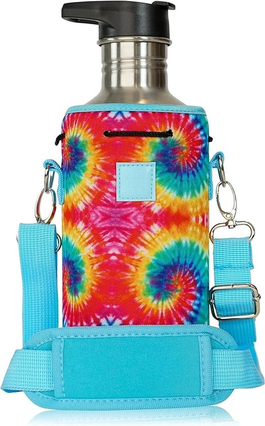 Made Easy Kit Neoprene Water Bottle Carrier Holder with Adjustable Shoulder Strap for Insulating & Carrying Water Container Canteen Flask Available in 5 Sizes (Tie Dye, L (32oz / 1.5L))