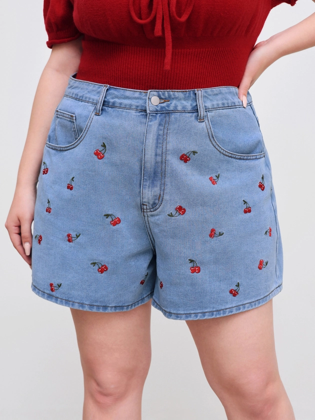 Cider Denim Mid Rise Cherry Embroidery Shorts Curve & Plus