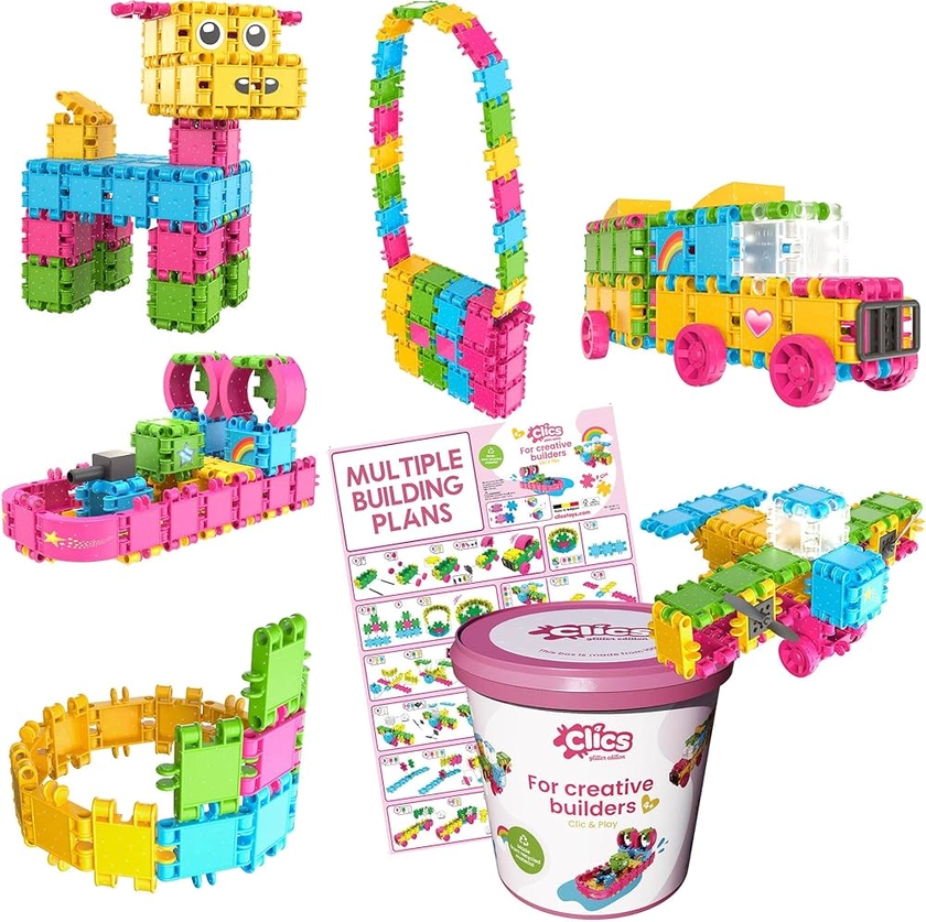 Clics Jouets de Construction pour Enfants à partir de 3 Ans Jouets éducatifs créatifs Ensemble de 175 pièces Blocs de Construction à Paillettes pour Filles Jouets Montessori STEM